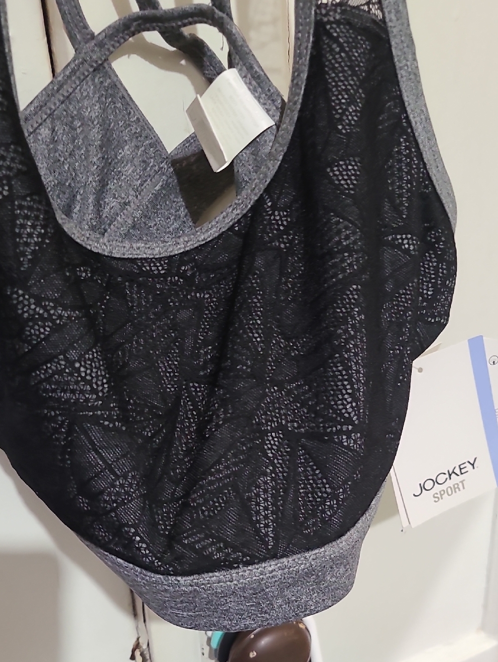 Jockey Sport Black Lace-Overlay with Heather Gray Trim Sports Bra